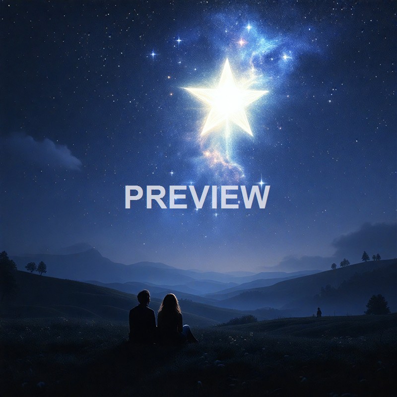 Two people sitting on a hillside at night, gazing at a starry sky with a large glowing star and a nebula-like formation in the background.